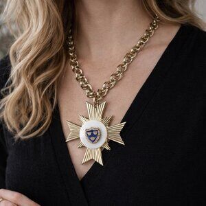 Vintage Statement Pendant Necklace Heraldic Crest Cross Medallion Gold Tone